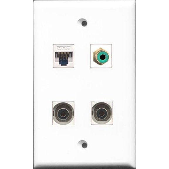 RiteAV 1 Port RCA Green 2 Port 3.5mm and 1 Port Cat5e Ethernet White Wall Plate