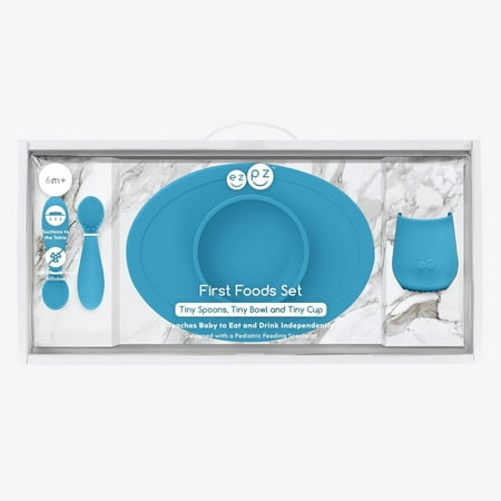 ezpz First Foods Set (Blue) - 100% Silicone Suction Bowl, 2oz Cup, Tiny Spoons - Designed by a Pediatric Feeding Specialist - 6 Months+