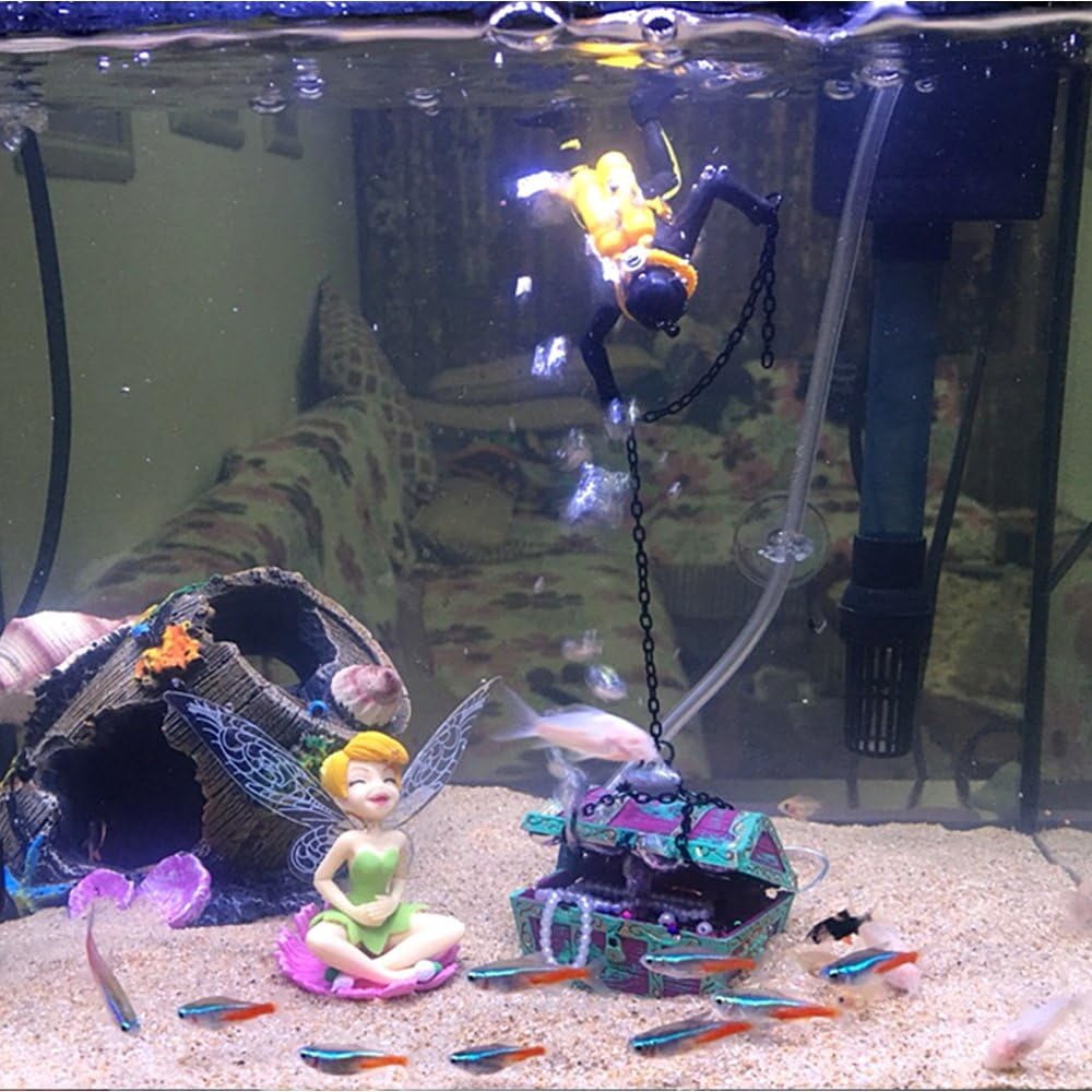 Action Aquarium Ornament, Undersea Treasure Chest Diver, Aerating Fish Tank Decorations Resin