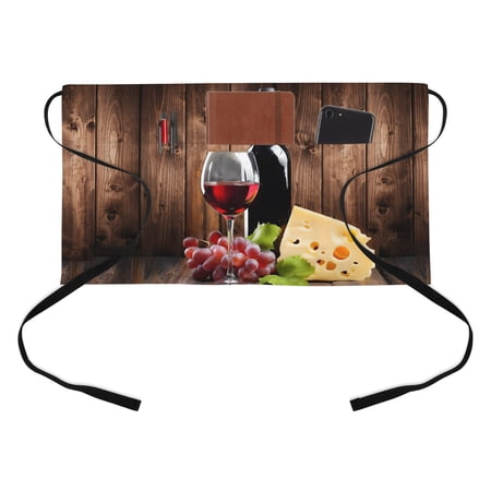 Vintage Farmhouse Half Waist Apron Wine Cheese Grapes Brown Wood Grain Short Waiter Aprons with 3 Pockets for Women Men Kitchen Restaurant Cooking