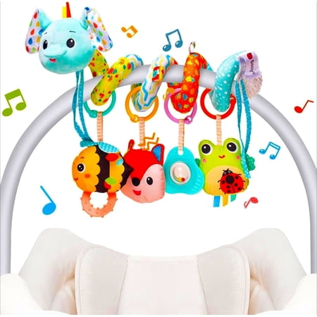 Cute Car Seat Toys for Babies 0-6 Months, Spiral Stroller Toy with Crinkle, Teether, Music Box, Rattle, BB Squeaker for 0 3 6 9 12 Months Babies Infant Boys Girls Gifts