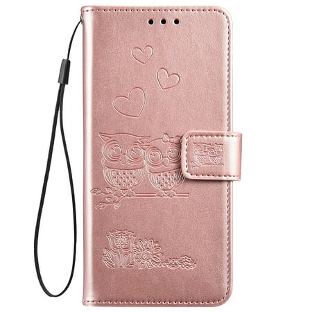 Hpory Huawei P8 lite rose gold owl embossed leather case with lanyard