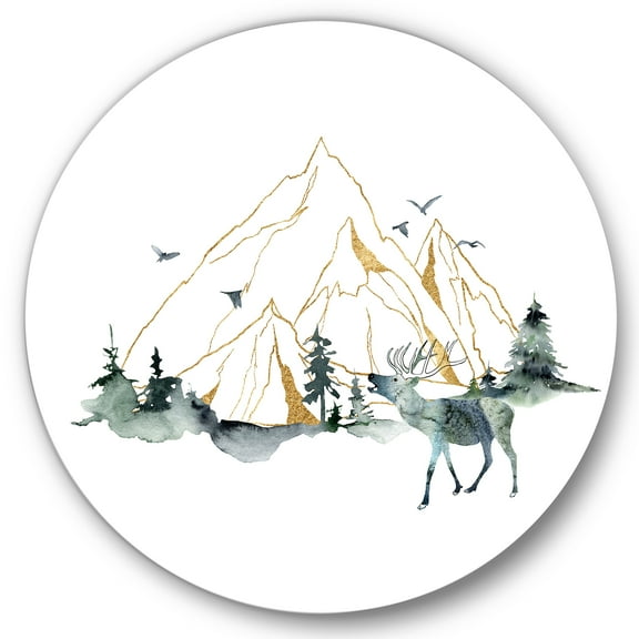 Designart 'Minimalistic Landscape of Forest Deer and Mountains' Modern Circle Metal Wall Art 36x36 - Disc of 36