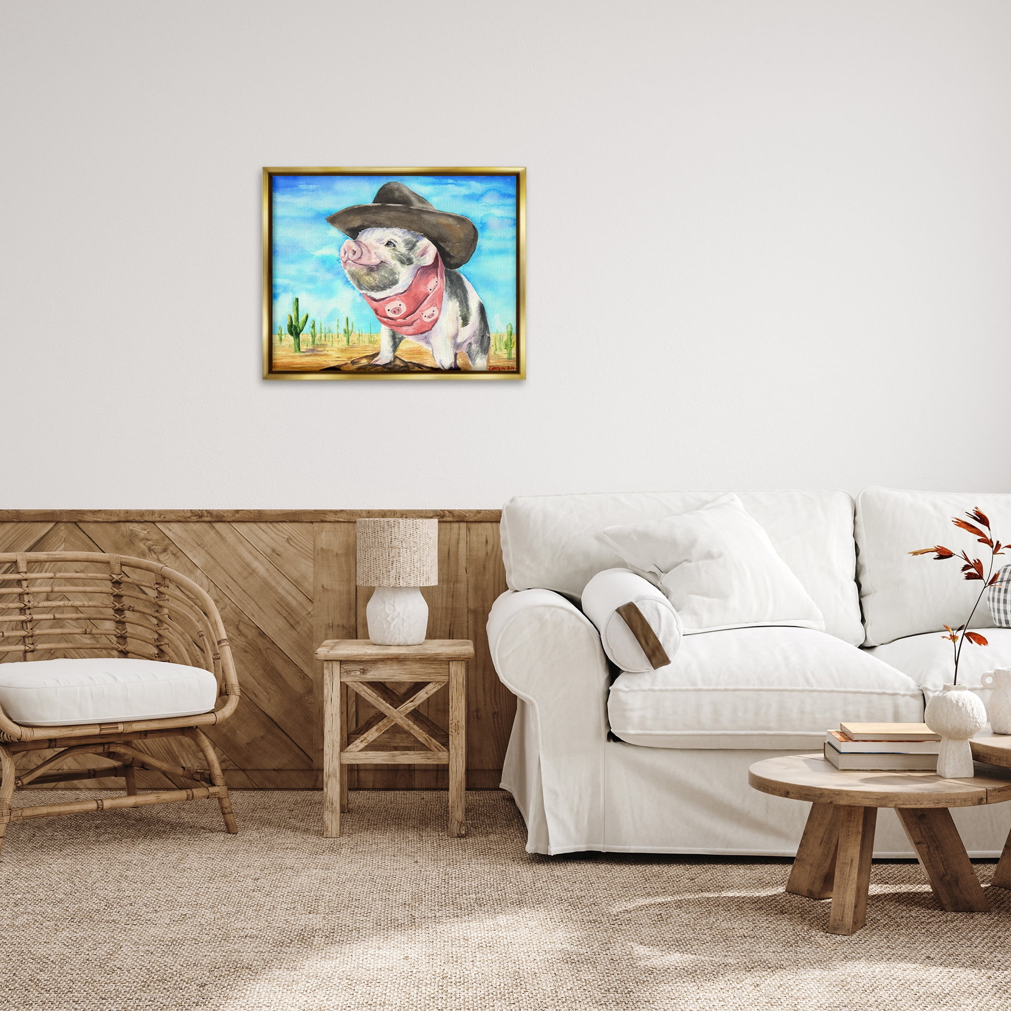 Stupell Industries Wild West Cowboy Pig Animals & Insects Painting Gold Floater Framed Canvas Art Print Wall Art, 31 x 25