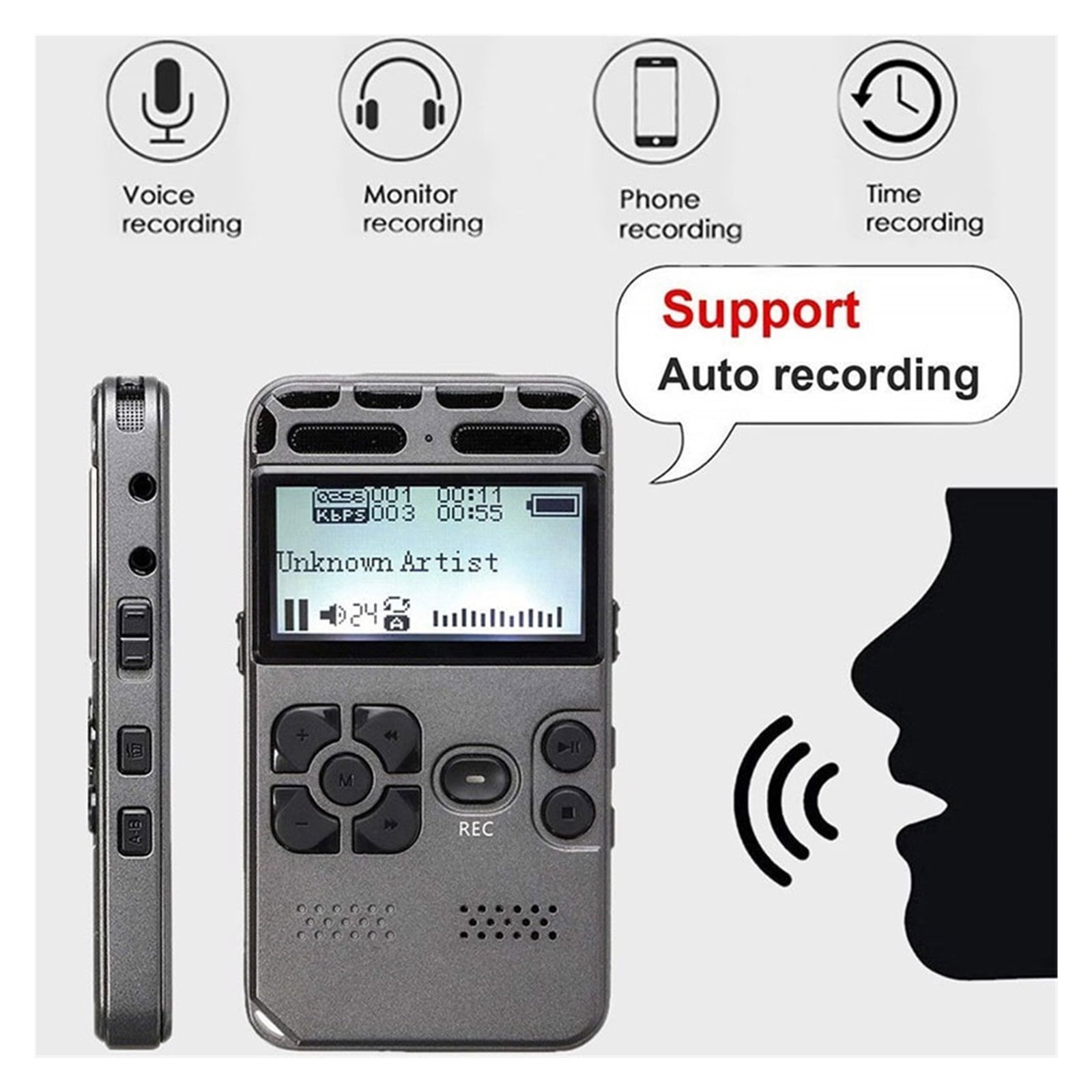 Digital Voice Recorder Recording Dictaphone MP3 LED Display Voice Activated Support Expansion