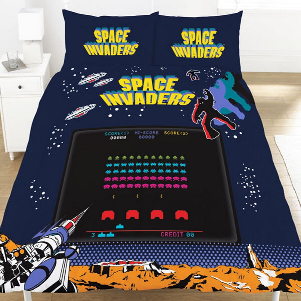 2 IN 1 DESIGN RETRO GAMES DOUBLE DUVET COVER SET PAC-MAN SPACE INVADERS 