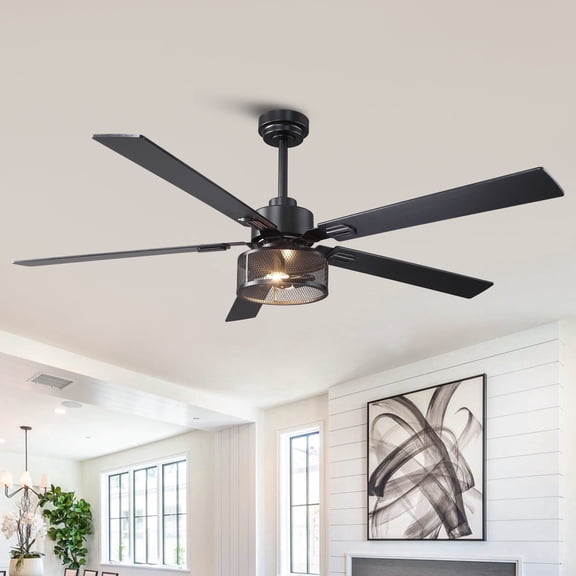 60" Industrial Large Black Smart Ceiling Fan with Dimmable LED Light and Remote