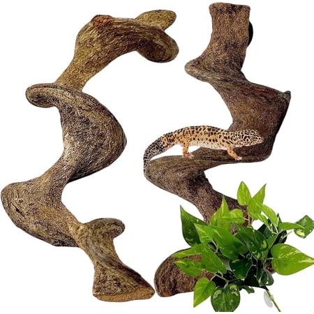 2PCS Natural Reptile Climbing Branches Decor,1.4-1.8" Thick Natural Snake Climbing Forest Wood with Plant Leaf Decor,Lizard Forest Branch,Geckos Tank Tree Trunk Accessories for Bearded Dragons（M）