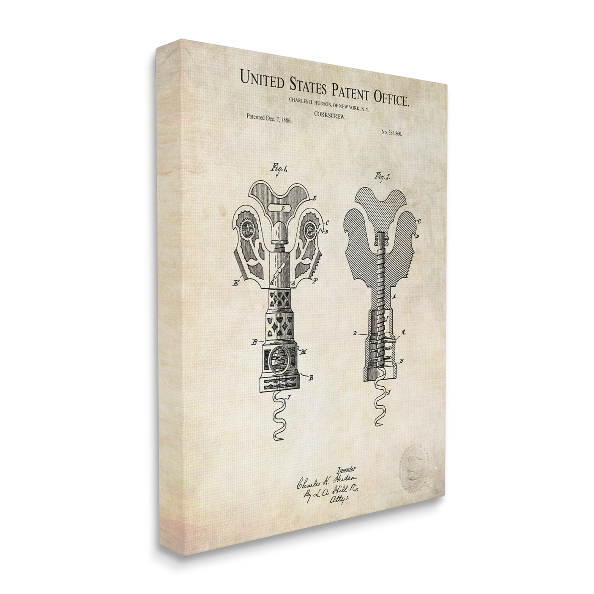 Stupell Industries Detailed Vintage Bottle Corkscrew Patent Blueprint Diagram Canvas Wall Art, 30 x 40, Design by Karl Hronek