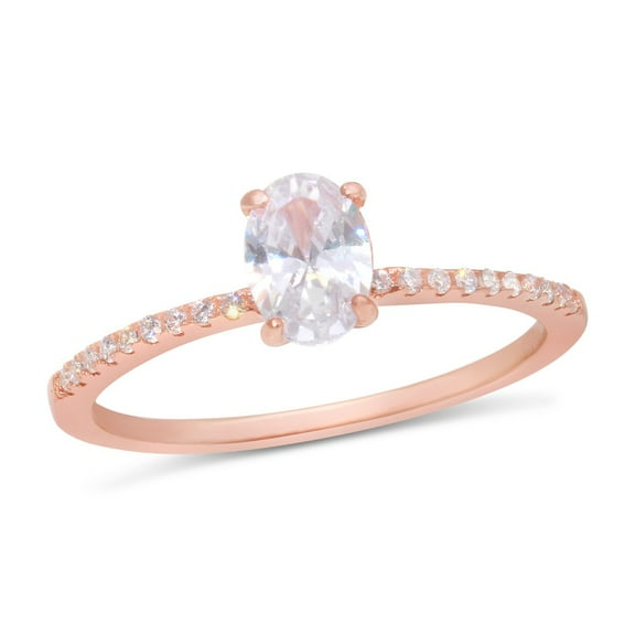 Oval Clear Cubic Zirconia Center Ring Rose Gold-Tone Plated Sterling Silver Size 6
