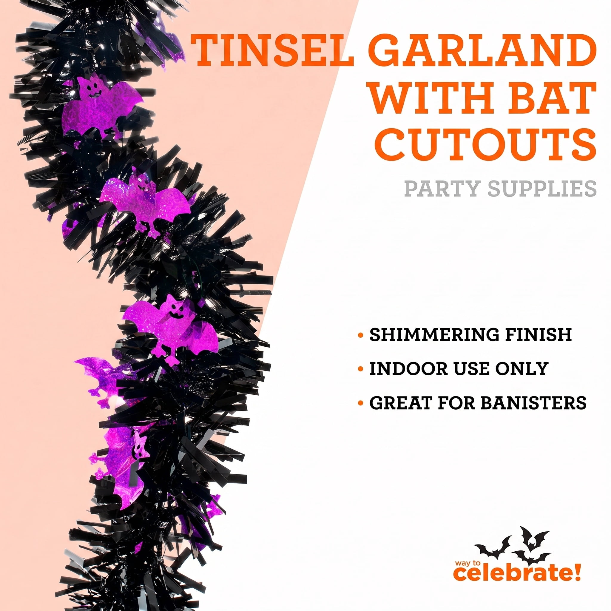 Tinsel Garland with Bat Cut-Outs, Purple and Black, 12', Halloween by Way To Celebrate