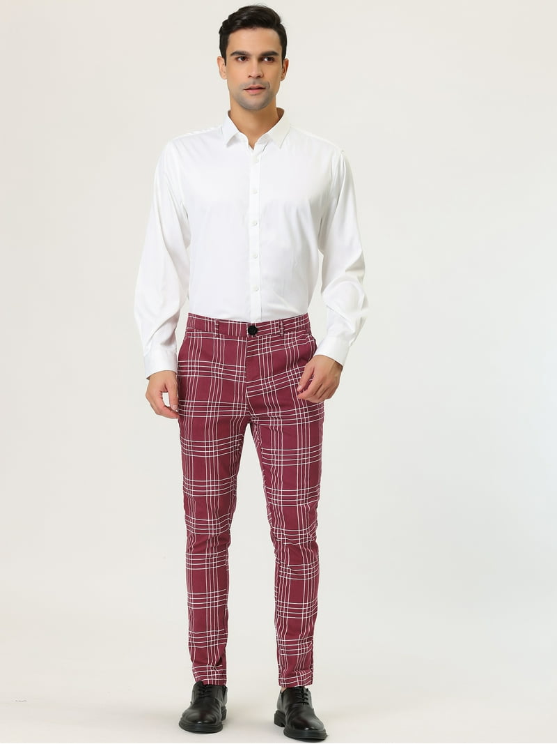 Unique Bargains Men's Slim Fit Plaid Dress Pants Burgundy 32 Classic  Tailoring - Walmart.com