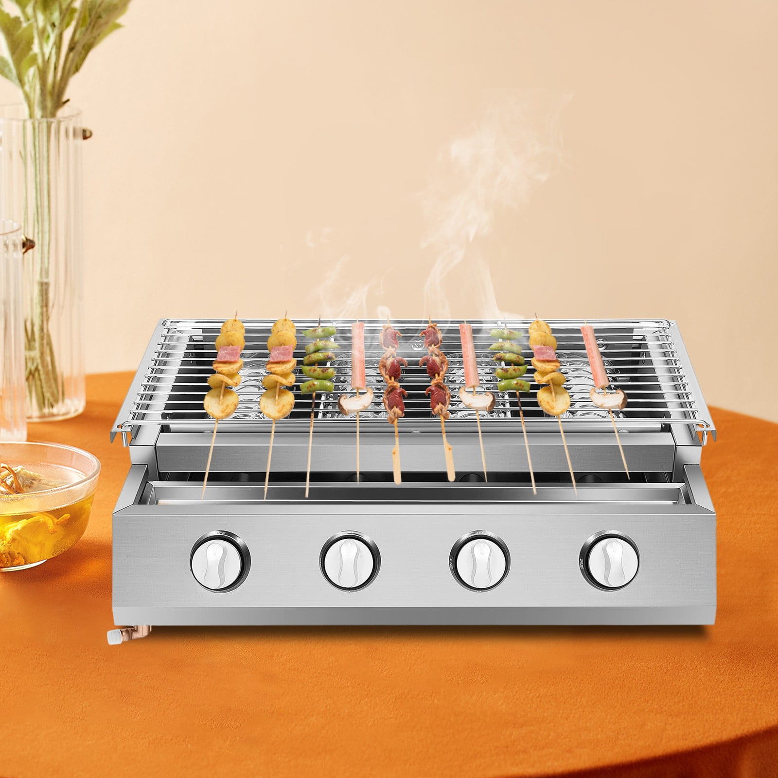 22.4*15.4*6.9 Freestanding Silver Stainless Steel Commercial Gas BBQ Grill With Steel Grilling Mesh 4 Burners