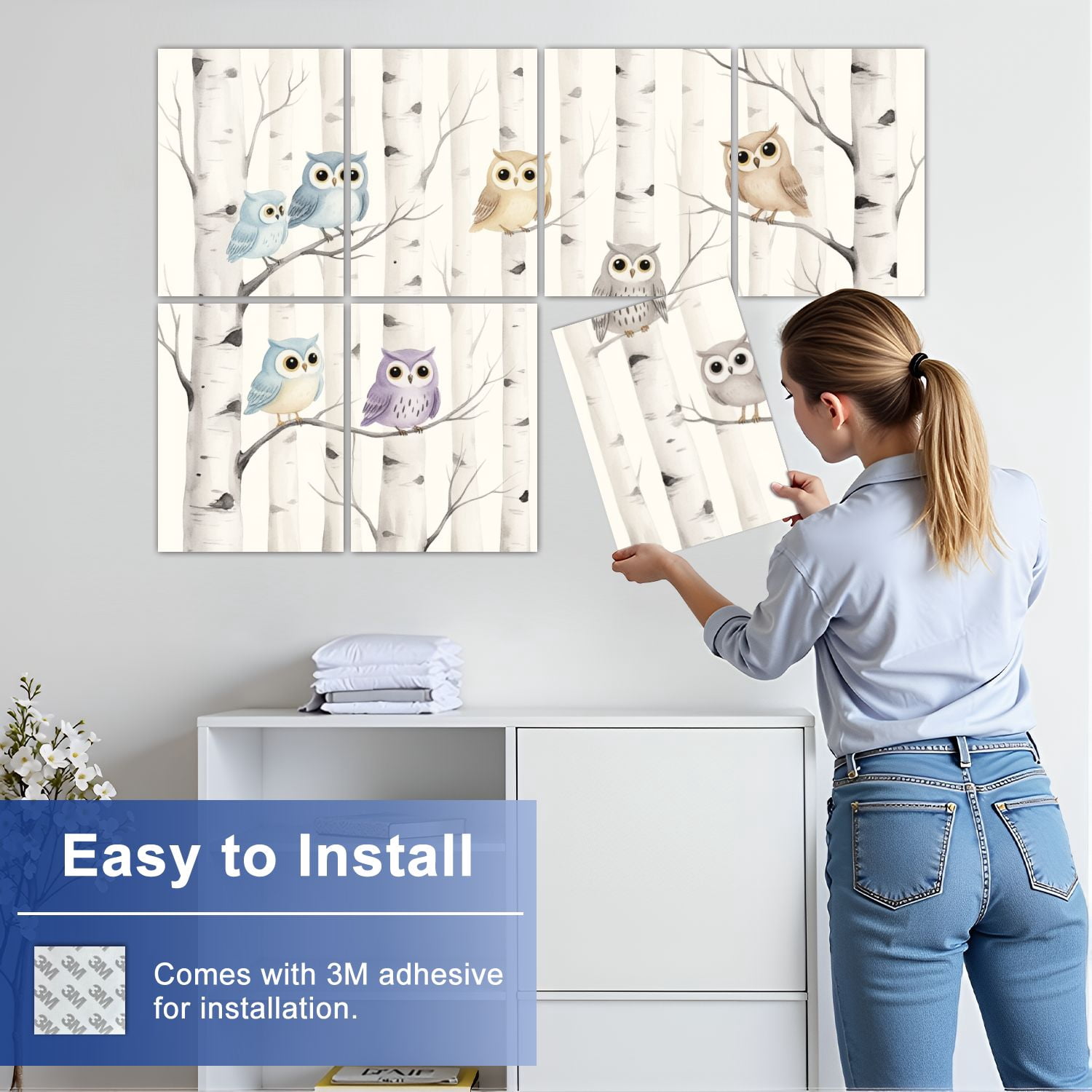 8 Pack Art Acoustic Panels Sound Absorbing Colorful Owls Sitting Branches Birch Tree Forest Decorative Soundproof Wall Panels Self Adhesive for Nursery Game Room Bedroom 48"x32"