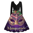 thumbnail image 3 of Hogleaql Mardi Gras Dresses for Women Vintage V Neck Long Sleeve A-Line Carnival Mask Graphic Midi Dress Swing Belted Soft Fashion Costume Purple Pink XL, 3 of 4