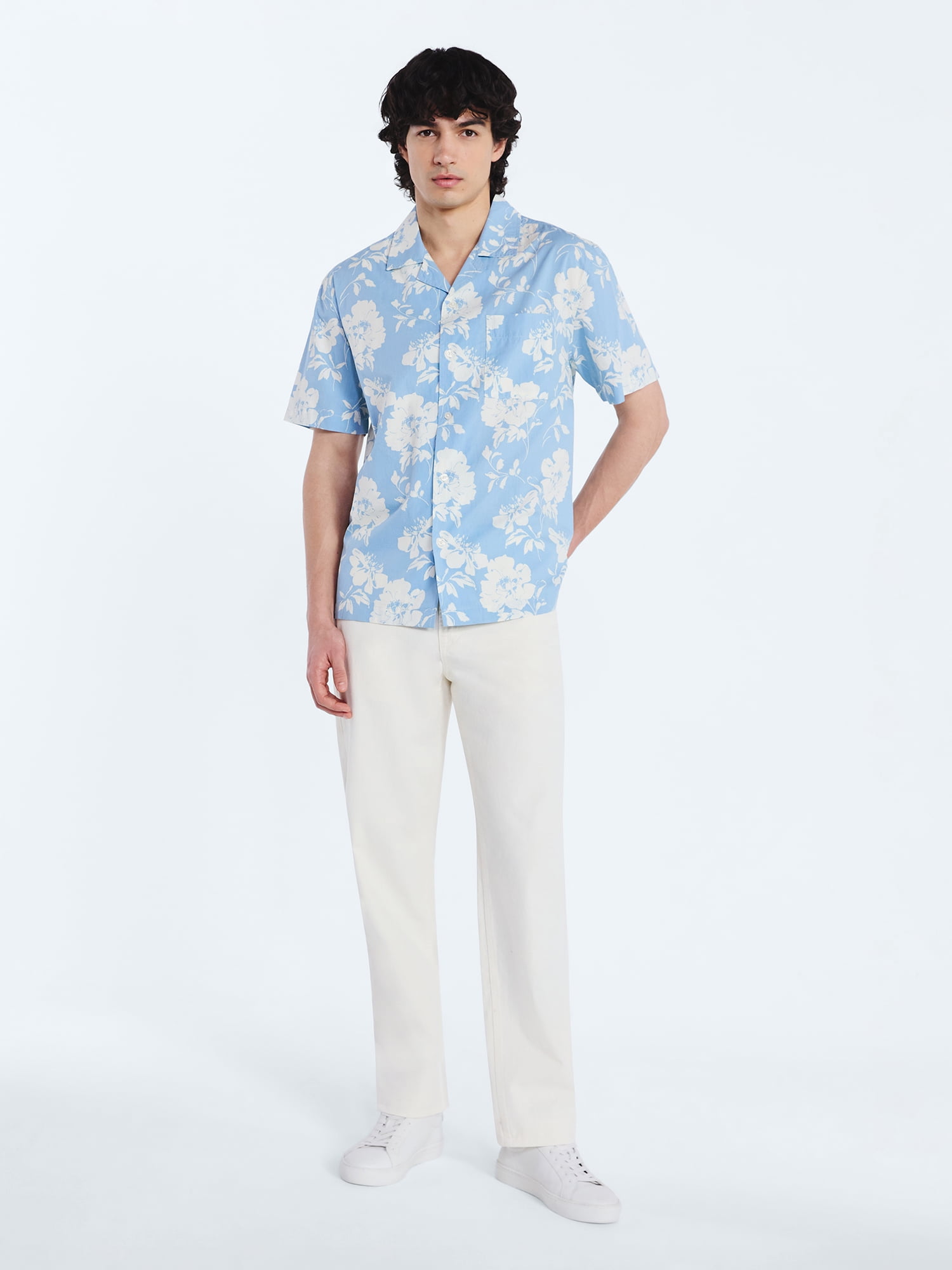 Free Assembly Men's Floral Cotton Camp Shirt with Short Sleeves, Sizes S-3XL