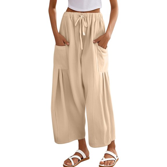 Angala Ladies Pants High Elastic Waist Ankle Pants Wide Leg Solid Casual Lightweight Womens Summer Trousers Size L Beige