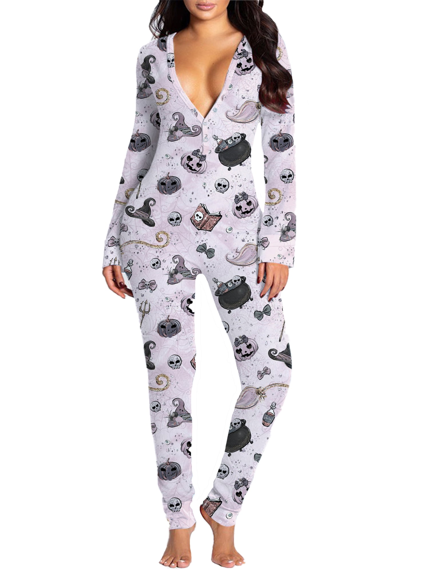 Nihewoo Halloween Onesies for Women Functional Pajamas with Butt Flap Adults Jumpsuit Long Sleeve Sleepwear Romper 