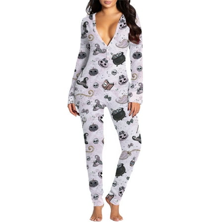 

Niuer Women Long Sleeve Button V-Neck Pajamas Set One Piece Cute Pumpkin Jumpsuit Set Loose Sleepwear Nightwear Long Rompers Playsuit With Drop Seat Butt Flap