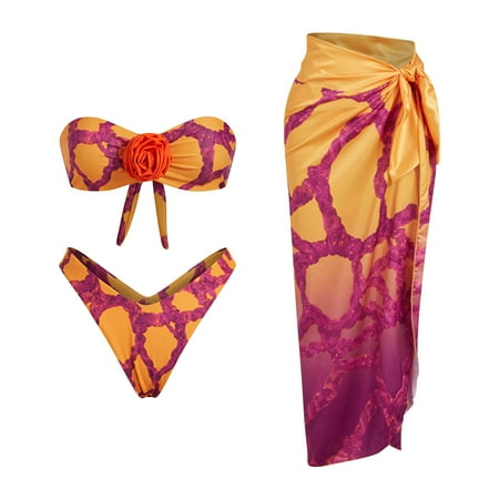 High Waisted Bikini Women S Retro Fashion Bandeau Swimsuit With Beach Cover Up Wrap Skirt Two Bikini Set Orange Women S Swimsuit XL