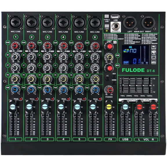 Professional DJ Audio Mixer,6 Channel Sound Mixing music Board With 99 DSP Effects,Console System PA Mixer with Bluetooth,w/USB,48V Phantom Power,Vocal Removal for Live Streaming Studio(DT-6)