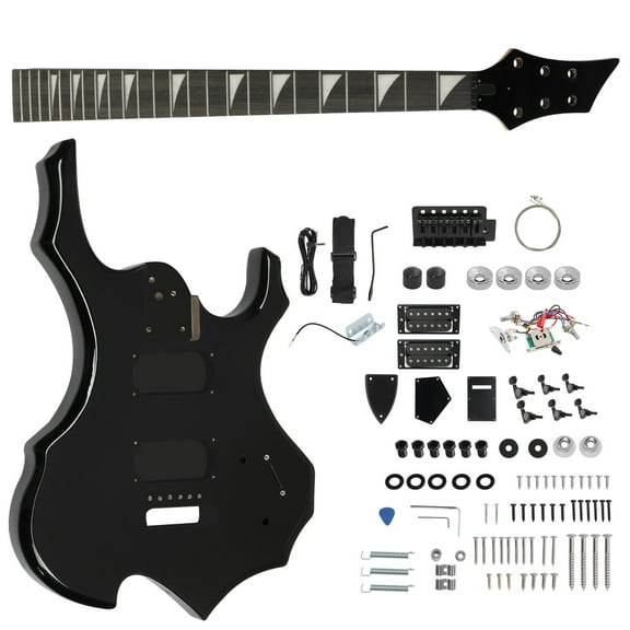 DIY 6 String Flame Shaped Style HSH Electric Guitar Kits with Mahogany Body, Maple Neck and Accessories Black