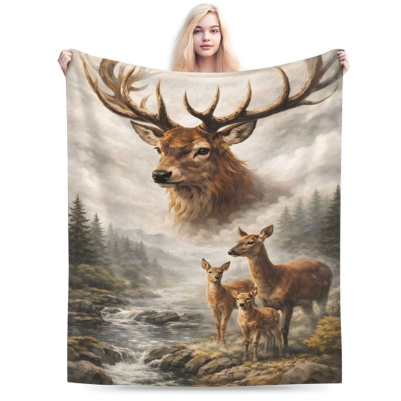 Majestic Deer Landscape Blanket, Rustic Woodland Wildlife Throw, Mountain Forest Fleece Blanket for Father’s Day Cabin Home Decor Gift 50x40