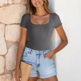 thumbnail image 4 of larppty Women's Square Neck Short Sleeve Long Sleeve Bodysuit Sexy Body Suits Shirt Slim Fitted Tops（Dark Gray， L）, 4 of 6