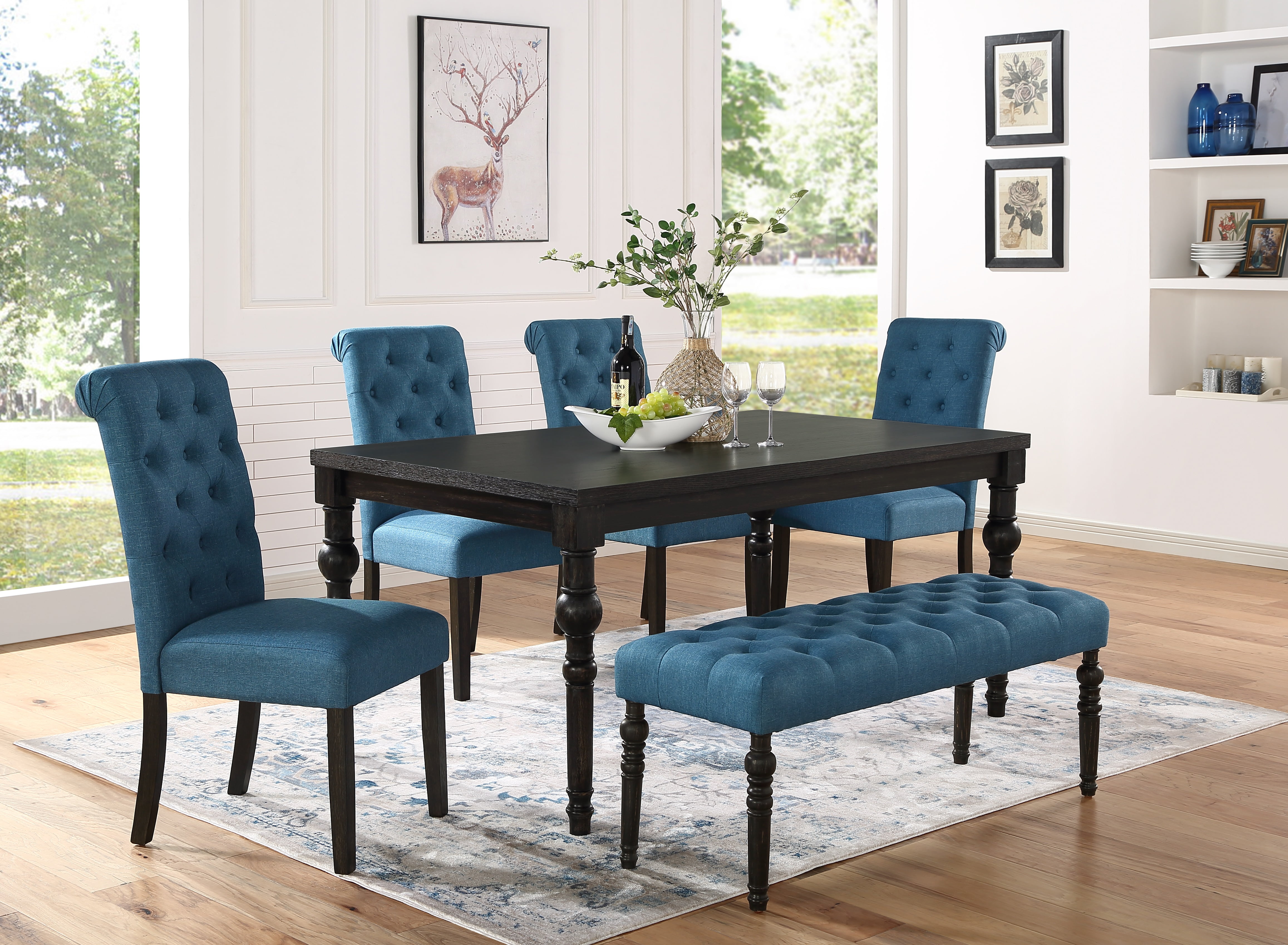 Roundhill Furniture Leviton Urban Style Dark Wash Wood Dining Set Table, 4 Chairs and Bench