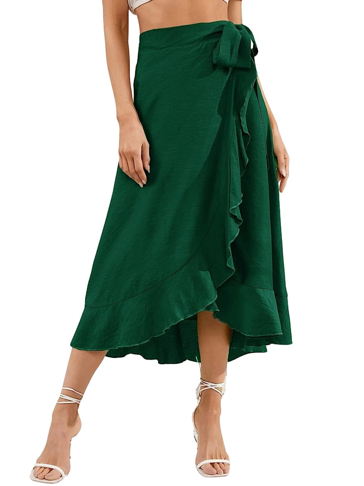 Hanerdun Women Wrap Skirts Female ALine High Waist Ruffle Midi Skirt