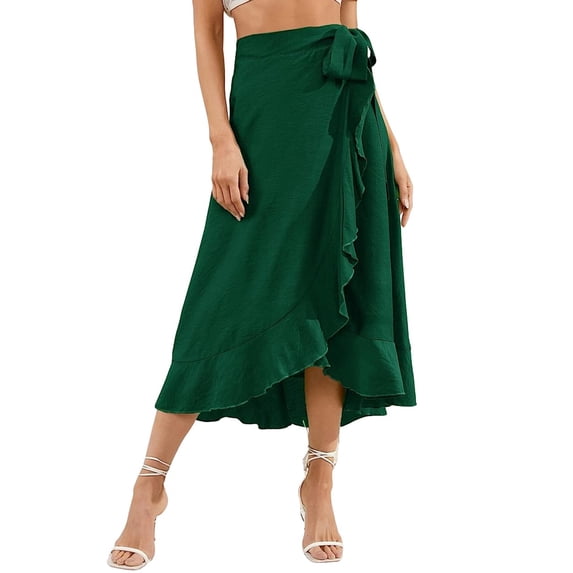 Hanerdun Women Wrap Skirts Female A-Line High Waist Ruffle Midi Skirt Dark Green S