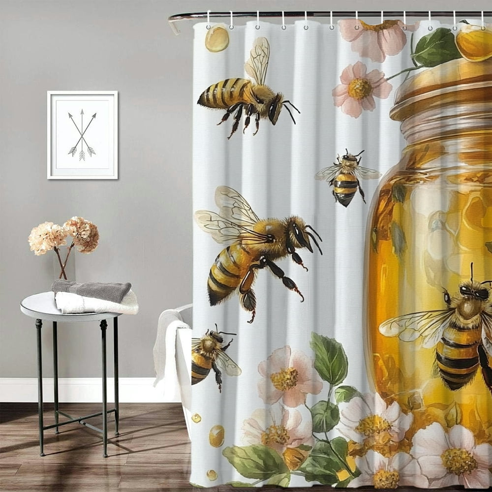 Patifu Honey Bees Flowers Bathroom Shower Curtain Set with Hooks 60"x72