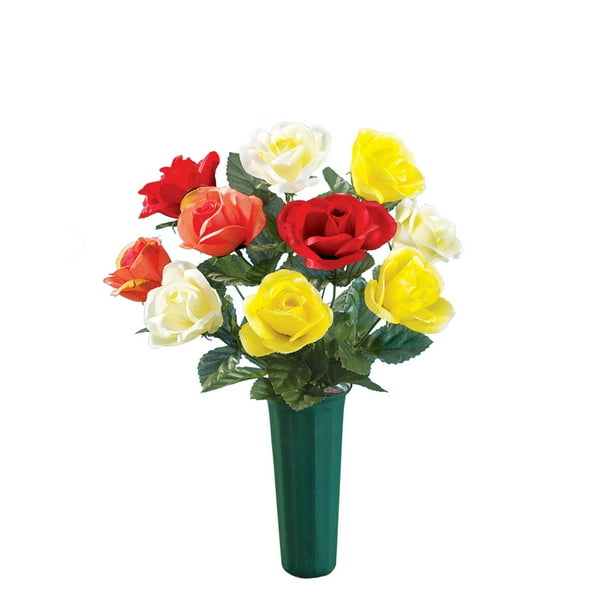 Faux Multicolor Roses & Vase for Cemetary Memorial Grave Marker