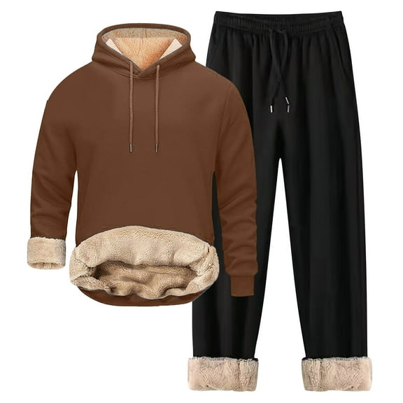 Sherpa-Lined 2-Piece Hooded Sweatshirt & Sweatpants Set, Winter Thermal Tracksuit with Zipper and Pockets, Solid Color