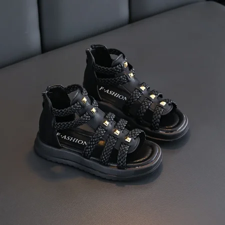 

Girl Sandals Summer Children School Roman Sandals Fashion Open-toe Kids Princess Causal High-top Beach Shoes Solid Color Soft black 27