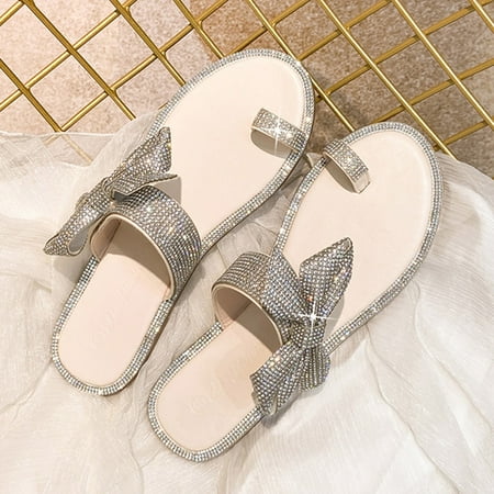 

Cathalem Women Double Toed Sandals Rhinestone Outer Wearing Double Toed Casual Fashionable Back Comfy Sandals for Women Studded Beige 6.5