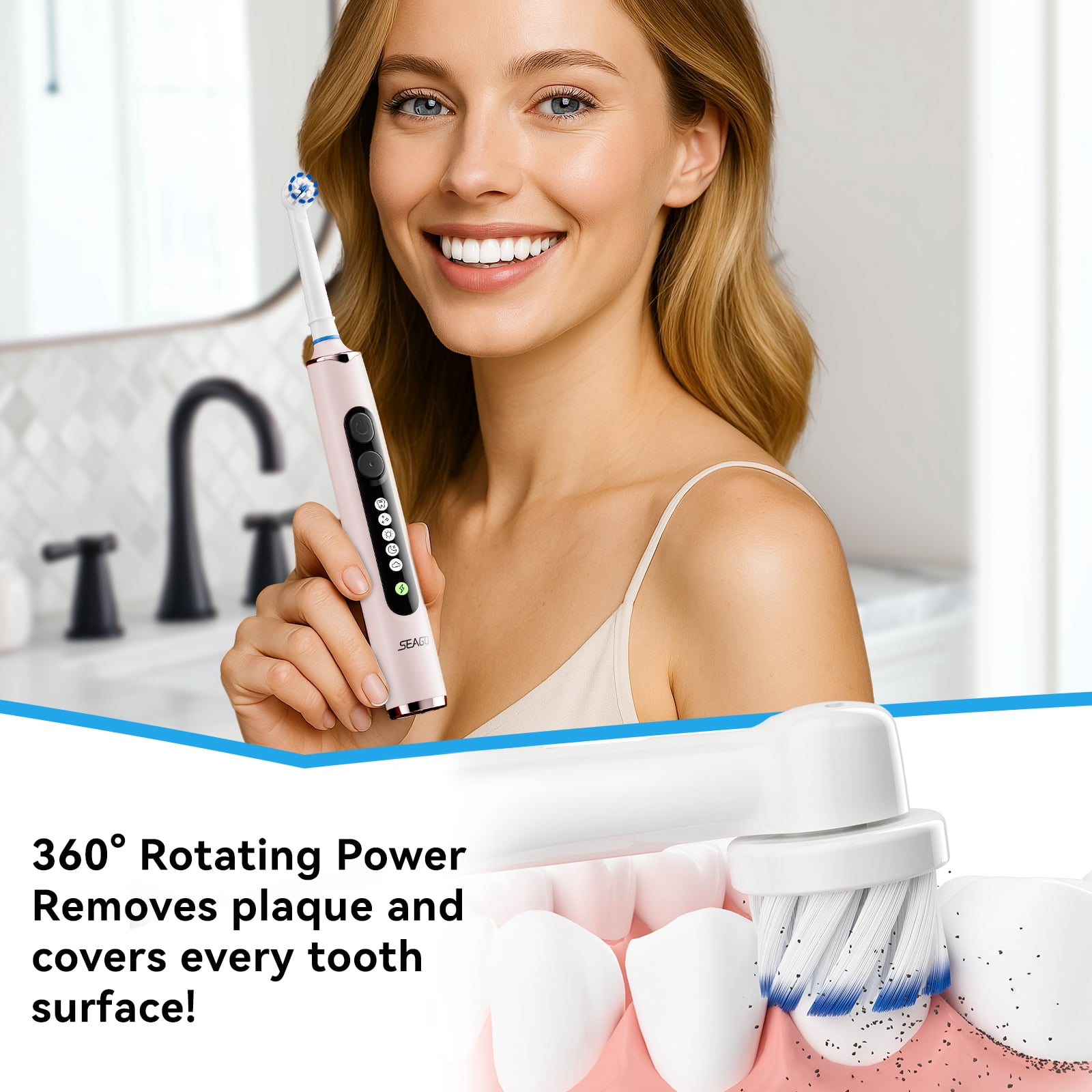 Seago Rotating Electric Toothbrush for Adults ，with 8 Replacement Heads, 5 Cleaning Modes,  with Timer and Travel Case ，SG-2607 Pink