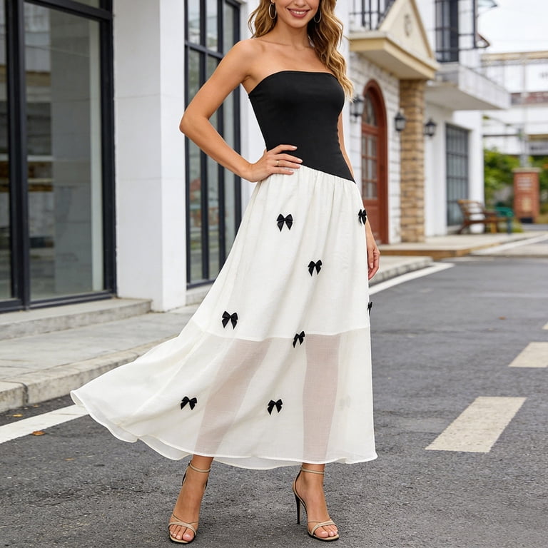 Telankuip Elegant off the Shoulder Maxi Dresses for Women French Style Bodycon Tube Top Dress with Black White Bow Knot Print Casual Sleeveless Mesh Layering Flowy Long Dresses White XL