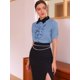 thumbnail image 2 of Camisa de trabajo de manga corta con botones delanteros y volantes con cuello en contraste para mujer Azul polvoriento S, 2 of 6