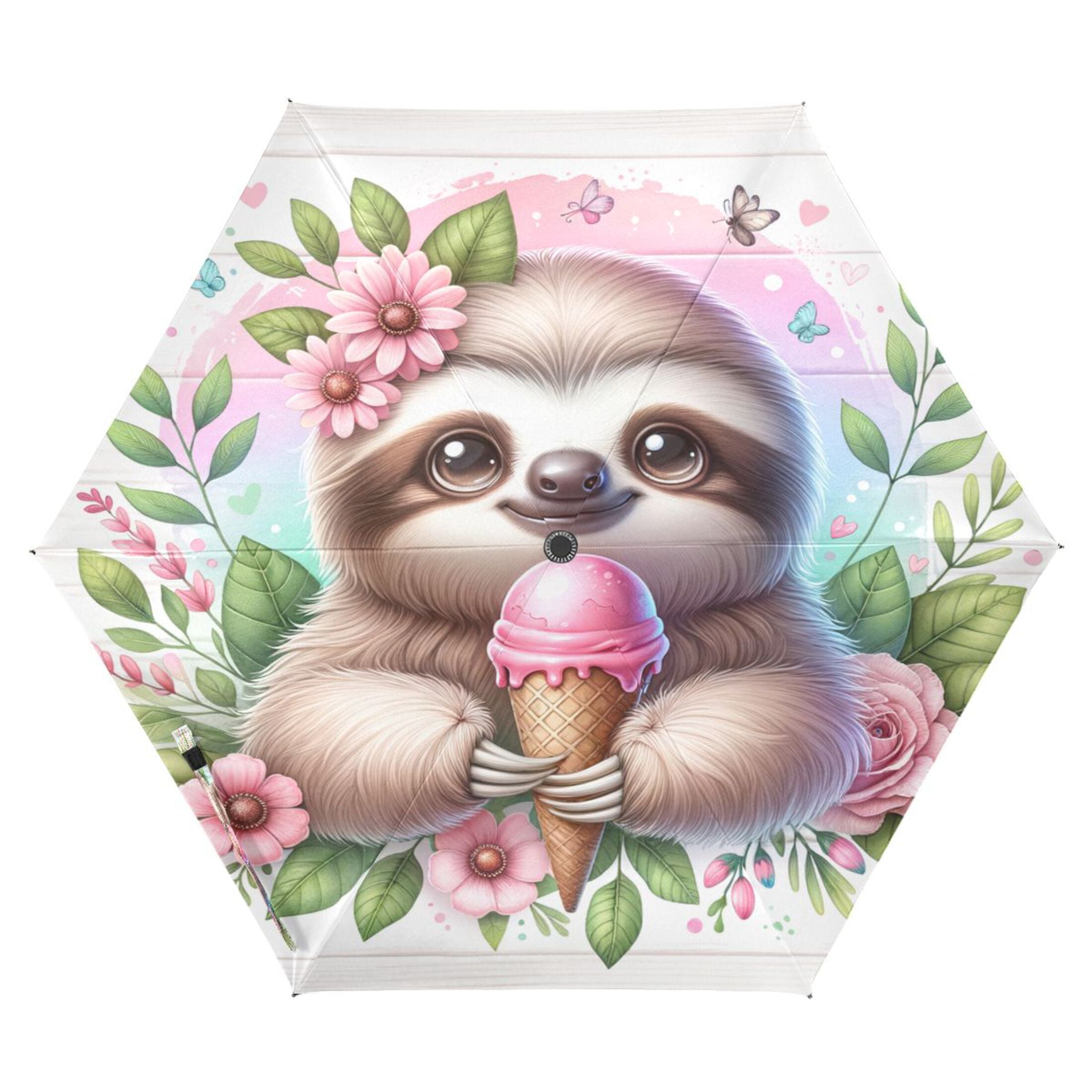 Compact Sun Umbrella Windproof Travel Umbrellas for Rain Strong Portable UV Protection Cute Sloth with Ice Cream
