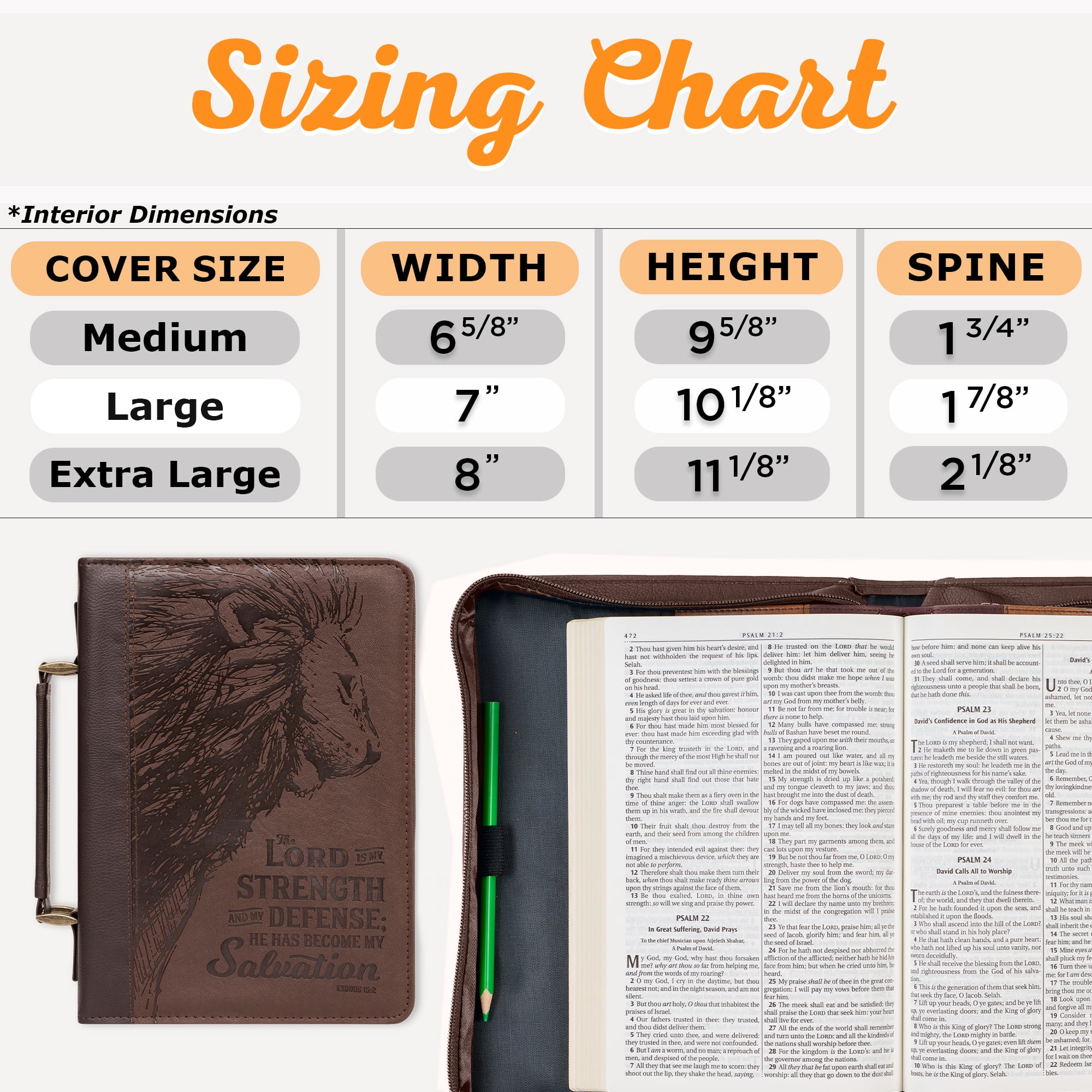 Christian Art Gifts Lord is My Strength w/Lion Exodus 15:2 Faux Leather Classic Bible Cover Case, Brown, Large