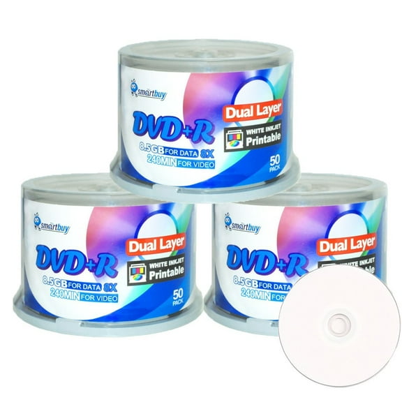 150 Pack Smartbuy DVD R DL Dual Layer 8X 8.5GB DVD Plus R Double Layer White Inkjet Hub Printable Blank Media Data Movie Game Recordable Disc