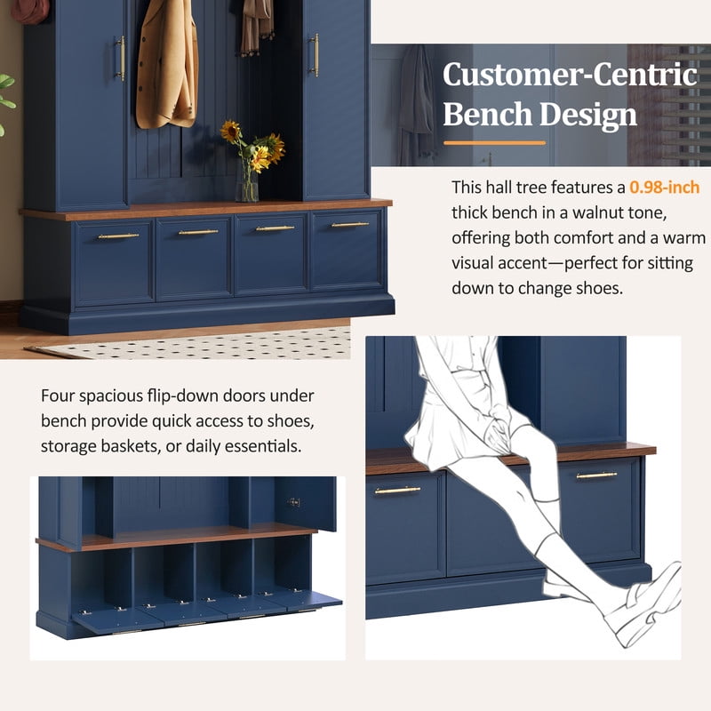 76.7''H Tall Hall Tree with Golden Hooks & Handles, Entryway Large Shoe Storage Bench with Cabinets & Adjustable Shelves