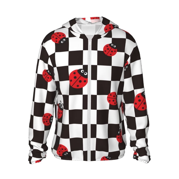 Fotbe Ladybugs Of Black And White Checkers Chaqueta con Protección Solar UPF 50+ para Hombre y Mujer, Camisa con Capucha y Bolsillos-Medium