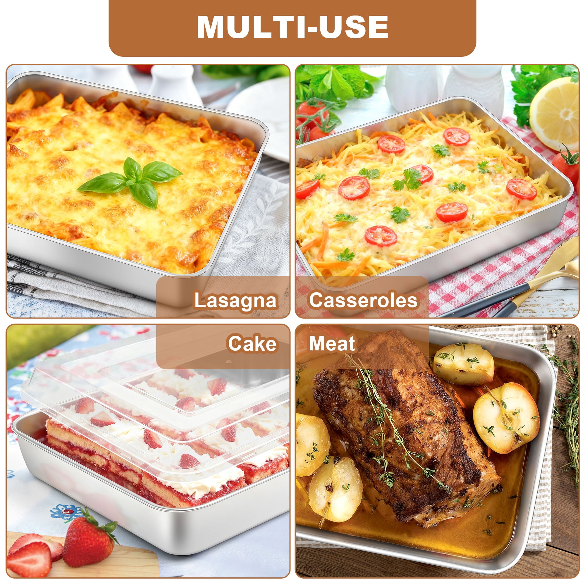Vesteel Stainless Steel Baking Pan with Lid, 12.5/10.5/9.4 inch Rectangle Sheet Cake Pans with Covers Bakeware Set for Cakes Brownies Casseroles, Non-toxic & Dishwasher Safe