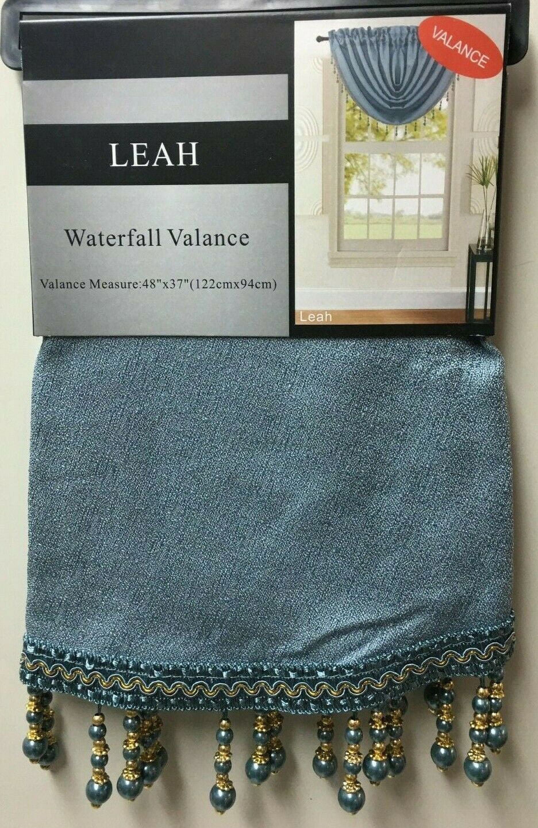 Leah 5 Piece Woven Textured Curtain Set with Beaded Austrian Valances (Blue)