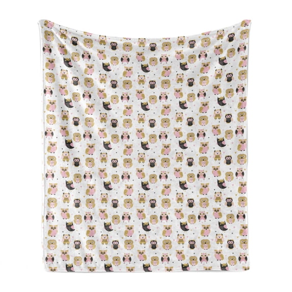 Childish Soft Flannel Fleece Blanket, Funny Owls Nocturnal Forest Animals in Hearts Spots Doodle Themed Illustration, Cozy Plush for Indoor and Outdoor Use, 60" x 80", Rose and Khaki, by Ambesonne