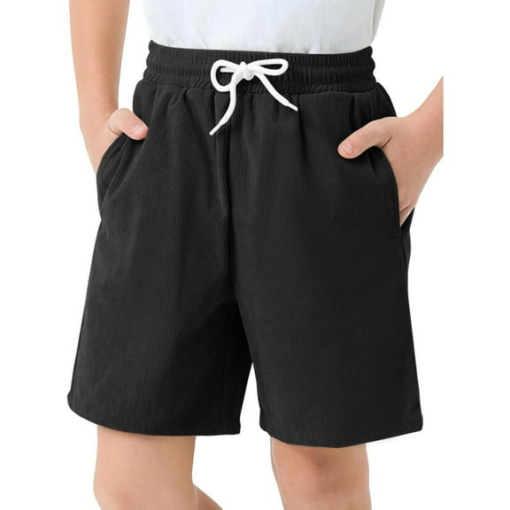Aocisk Kids Corduroy Shorts Casual Elastic Waist Drawstring Summer with Pockets for Boys Girls Summer Shorts Black 7-8 Years