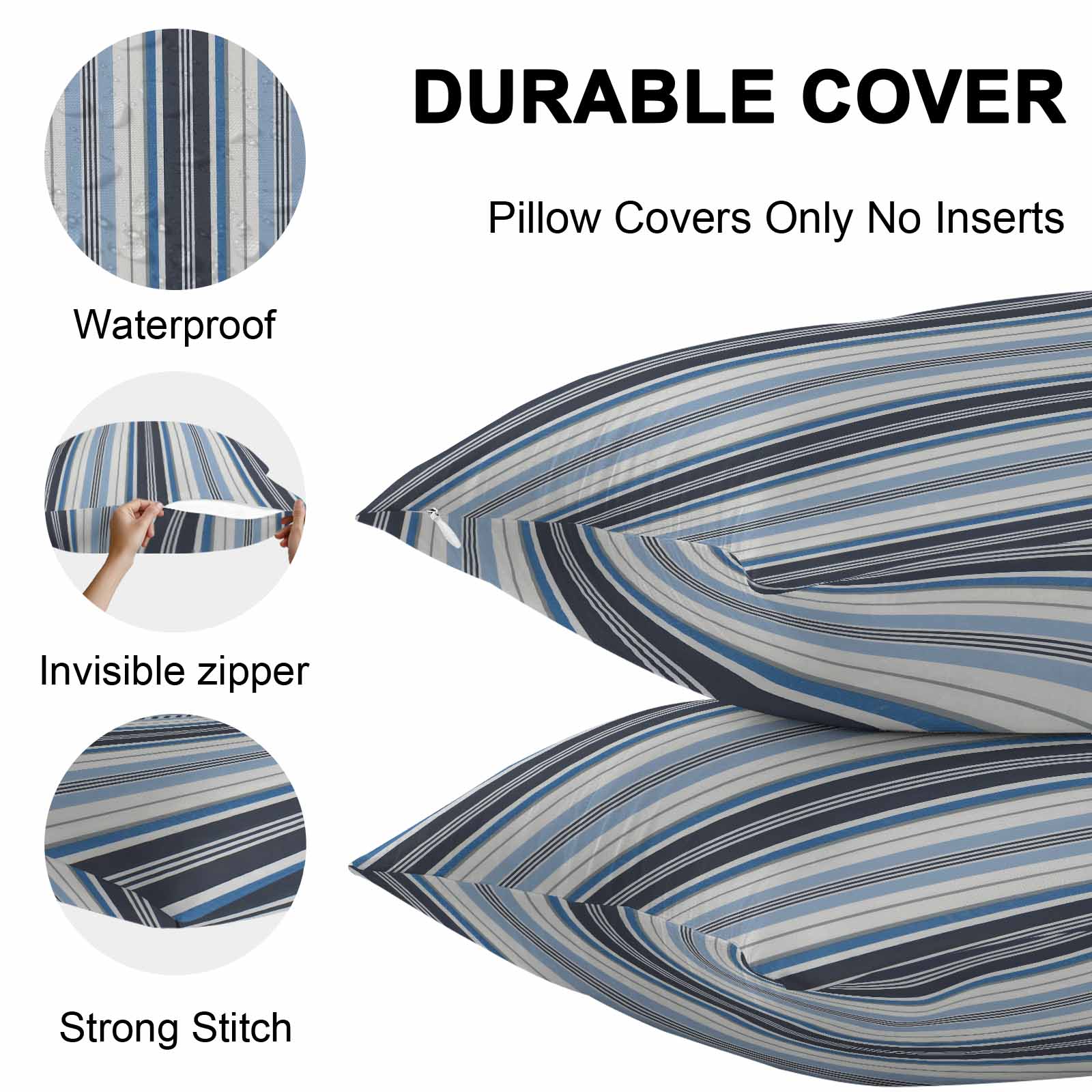 Vintage Stripes Outdoor Pillow Covers Set of 2 Blue Black Striped Abstract Lines Waterproof Throw Pillow Case Decorative Square Cushion Cover for Patio Couch Garden Balcony, 16"x16"