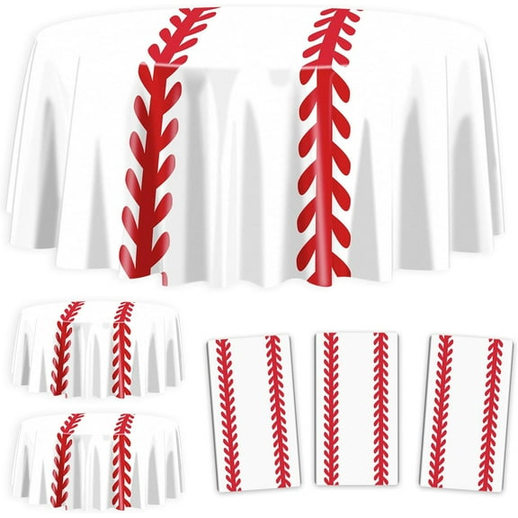 3Pcs Baseball Tablecloths - 84inch Round Baseball Party Table Covers Red White Baseball Pattern Table Cloth for Kids Sports Baseball Birthday Party Supplies